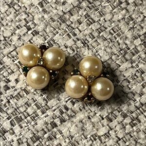 Vintage Faux Pearl and Gold Tone Stud Earrings with Gemstone Accents